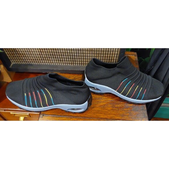 NEW Sisenny Women's Black w Multicolored Stripe Slip on Stretch Sneaker. SZ 8.5 - Picture 5 of 7